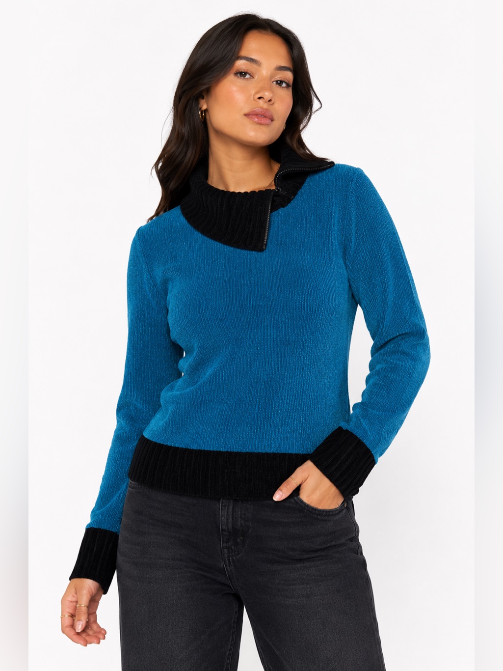 Y2k Vintage Cozy Chenille Zip Neck Sweater Top (Teal/Black) Size Medium